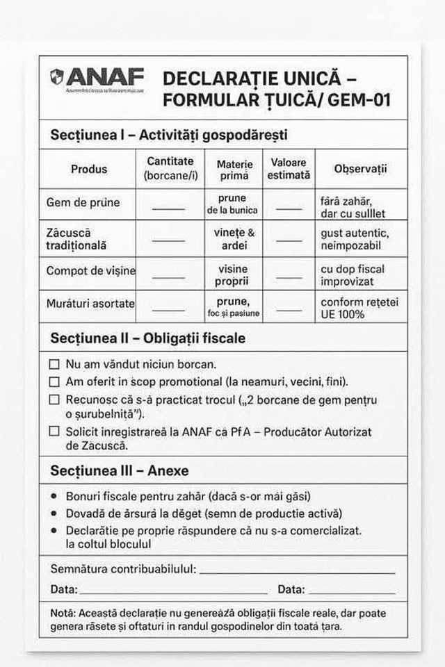 Sursă foto: Roxana Priceputu/ Facebook Scoate borcanele din cămară, vine controlul ANAF! Formularul fals Țuică/GEM‑01 a devenit simbolul absurdului fiscal