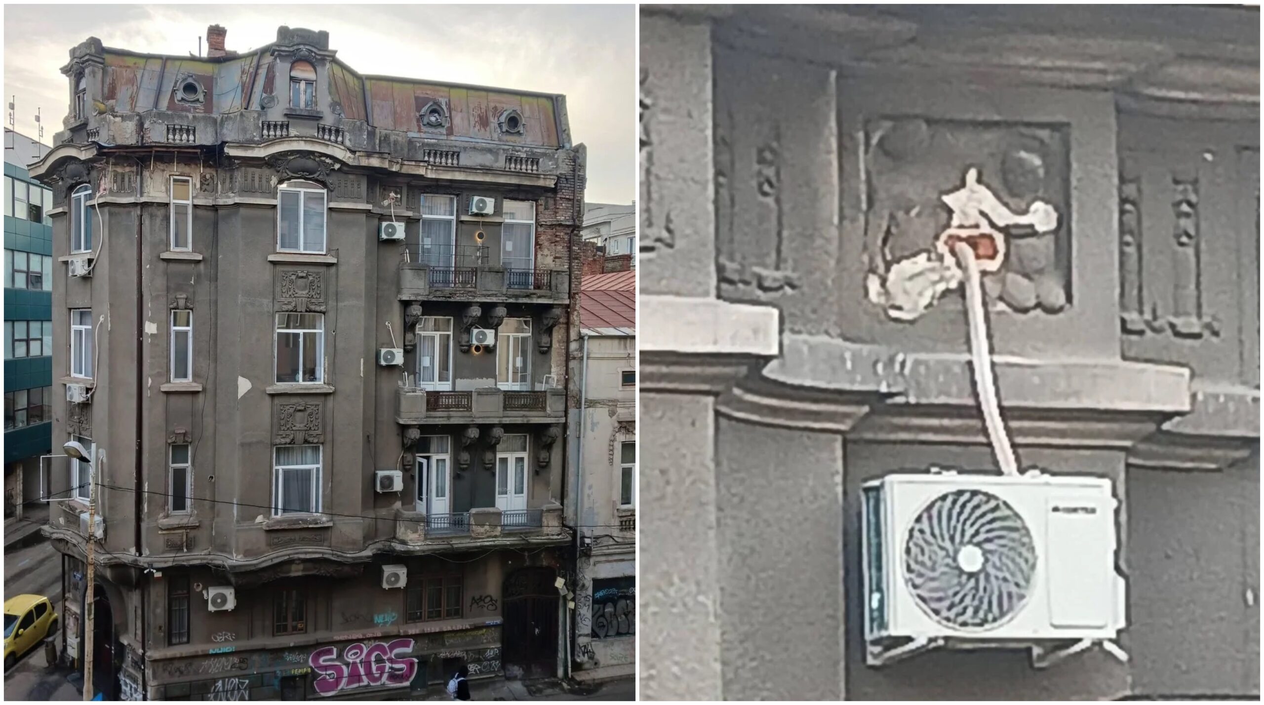 FOTO | Termopane albe și fațadă spartă de furtunul aerului condiționat, sau "grija" purtată unei clădiri istorice de pe Hristo Botev