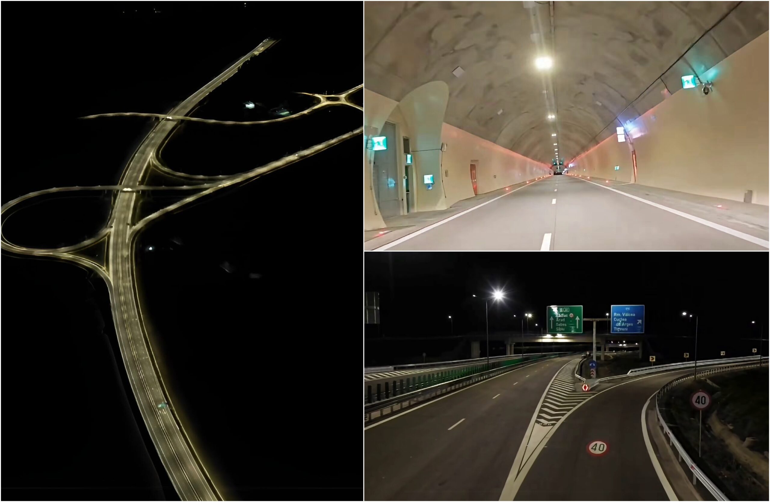 VIDEO | Lumini aprinse  pe autostrada pe care vom merge de la București la Sibiu, via Pitești. Teste de iluminat pe secțiunea 4 a A1, inclusiv în tunelul Curtea de Argeș