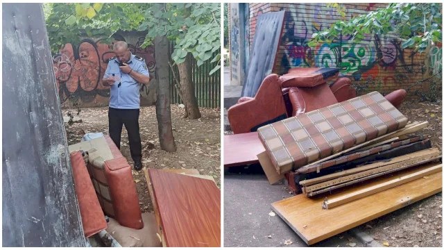 FOTO |  Caz de Premiile Darwin la București. O doamnă a aruncat în stradă fotolii, canapea și uși cu tot cu acte cu nume și adresă. Poliția i-a sunat la ușă cu o amendă de 8.000 de lei