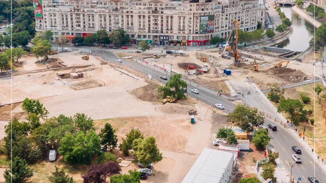 FOTO | Șantierul de la Unirii, văzut în premieră de foarte aproape, dintre macarale și excavatoare. Refacerea planșeului a intrat într-o nouă etapă
