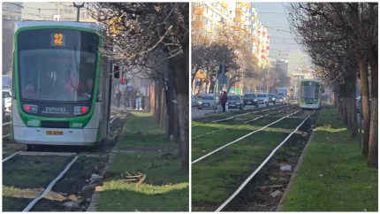 VIDEO | Noi imagini cu tramvaiul 32 bălăngănindu-se periculos pe șinele cu bucle de pe Calea Rahovei. Gazonul recent scos ascundea până acum dimensiunea dezastrului