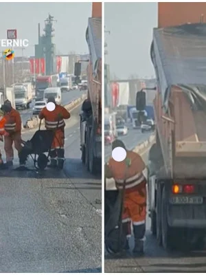 VIDEO | Dentiștii asfaltului din București, în acțiune. Unii muncesc ultramodern, cu o roabă și lopeți, unii fie evaluează, fie se odihnesc