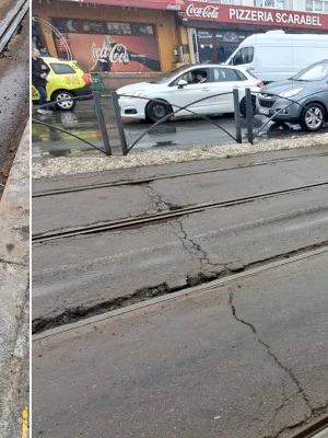 FOTO | Așa arată acum calea de rulare a tramvaielor 21 de pe Șoseaua Colentina. Ninsorile au distrus și asfaltul de lângă șine. „La fel e în tot cartierul”