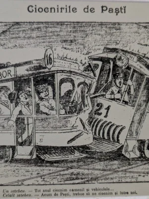 FOTO | Povestea nesfârșită a tramvaielor care se ciocnesc cu birjarii de ieri, șoferii grăbiți de azi și ele între ele, de peste un secol